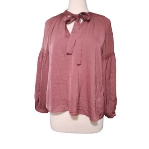 Lucky Brand S Tie Neck cut out Blouse Maroon Red Long Sleeve Shirt Top Flowy